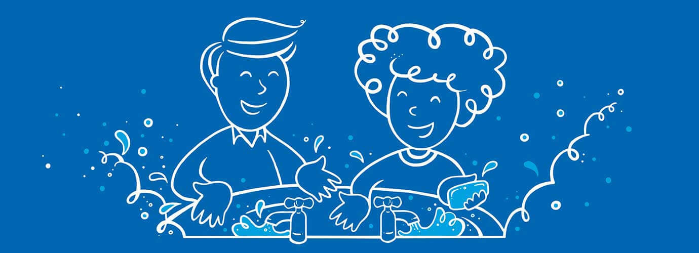 Illustrierter Mann und illustrierte Frau waschen ihre Hände in einem Waschbecken